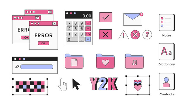 Nostalgic retro operating system illustrations. Retro Y2K elements for design. Old computer aestethic elements. 