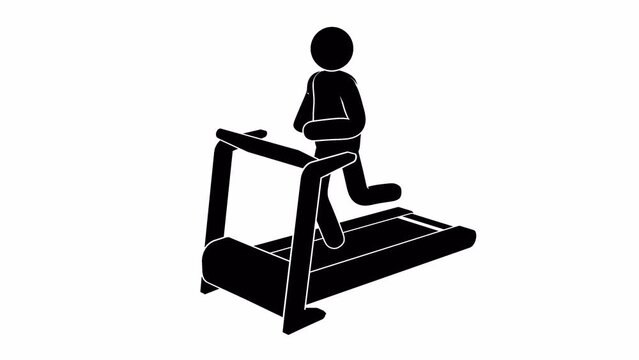 Pictogram man running on a treadmill. Stickman cardio workout. Looping animation.