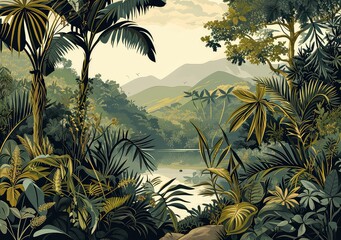Retro wallpaper of a jungle landscape. 