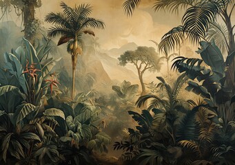 Retro wallpaper of a jungle landscape. 
