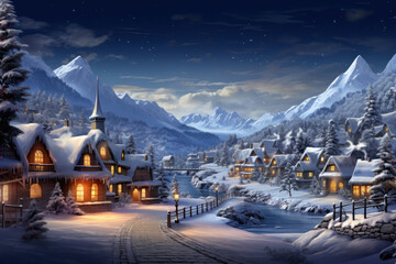 A panoramic view of a snow-covered village, complete with twinkling lights and holiday decorations,...