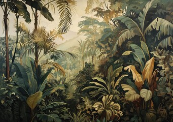 Retro wallpaper of a jungle landscape.  - obrazy, fototapety, plakaty