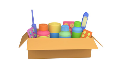 Cardboard box with medicines, pills, bottles. Charitable assistance, volunteering. 3d rendering
