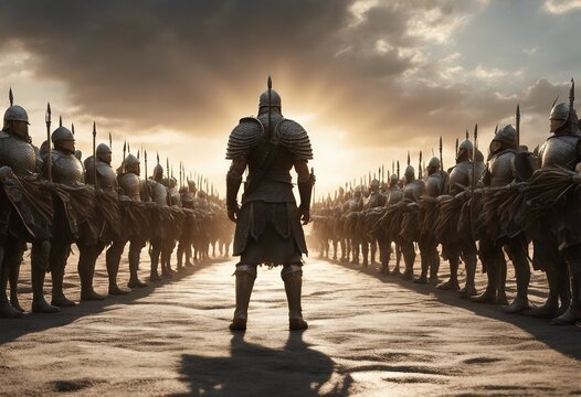 Image of a Warrior standing in front of thousands of warriors in the battle.