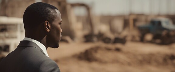 Black man in suit, seen from behind, looking at a construction site in Africa. - obrazy, fototapety, plakaty