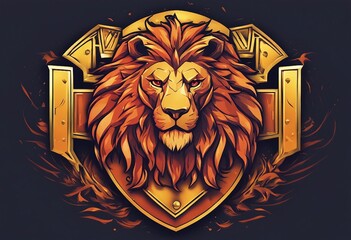Aggressive Lion head in shield logo design. Lion king head sign concept.