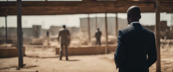 Black man in suit, seen from behind, looking at a construction site in Africa. - obrazy, fototapety, plakaty