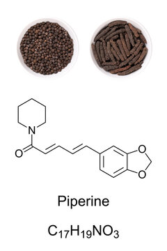 Dried black peppercorns and long pepper catkins in white bowls, with chemical formula and structure of piperine, the compound, responsible for the pungency. Used as spice and in traditional medicine.