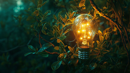 Obraz na płótnie Canvas light bulb in the dark forest, Generative AI