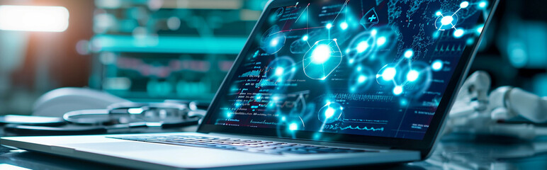 Fototapeta premium Healthcare business graph and data of Medical business growth on laptop, Generative AI