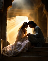 Couple sitting together in cave