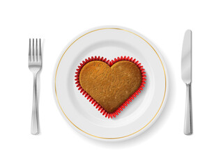 Heart cupcake is on white plate with fork and knife, top view. Dinner plate with heart shaped cookie inside and cutlery set on sides. Vector image about valentines day, table setting, wedding, love