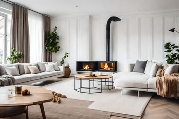Fototapeta premium Modern living room with fireplace and sofa.