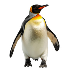 King penguin with striking orange plumage walking on transparent background.