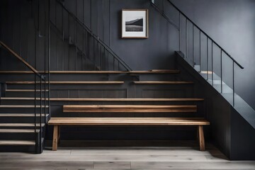 Wooden bench and stairs in the building.
