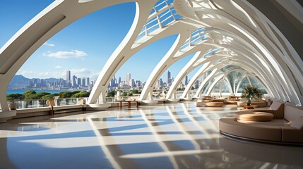 Modern architecture interior with large windows and curved shapes