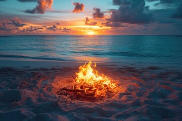 campfire crackling on sandy beach professional photography - obrazy, fototapety, plakaty