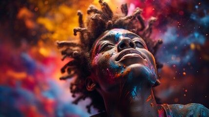 A young man enclosed in a vibrant paint explosion with his eyes closed, Generative AI.