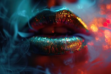 colorful closeup of a female lips exhaling smoke - obrazy, fototapety, plakaty