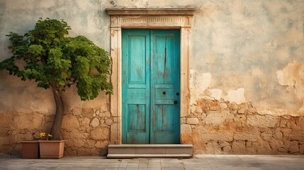 an old teal door similar to italy - obrazy, fototapety, plakaty