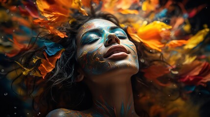 A young woman enclosed in a vibrant paint explosion with her eyes closed, Generative AI.
