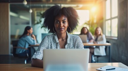 Group of African American employees or small business owner start-up looking camera working with workers sitting in workplace room, home office with technology laptop computer, teamwork entrepreneur