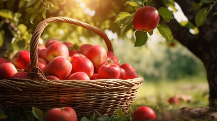 Apples that are red beneath the fruit tree in a basket, sweet, healthy, fresh, Generative AI.