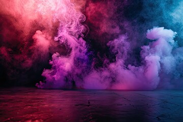 Empty concrete room with fog and pink neon light. May be used as background.