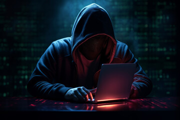 Hacker con laptop en fondo tecnológico. - obrazy, fototapety, plakaty