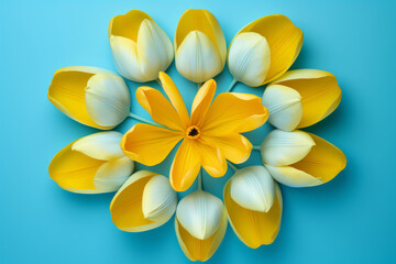 Fototapeta na wymiar Fondo azul de flores tulipanes amarillos.