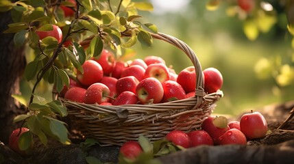 Apples that are red beneath the fruit tree in a basket, sweet, healthy, fresh, Generative AI.