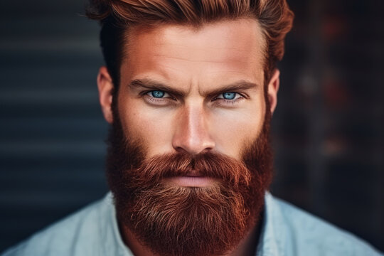 Hombre pelirrojo de ojos azules y barba perfecta.