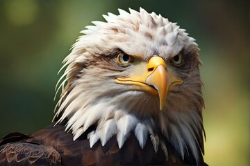 Obraz premium Close up portrait of American Bald eagle face isolated on nature background with copy space. haliaeetus leucocephalus. Front view of Bald eagle