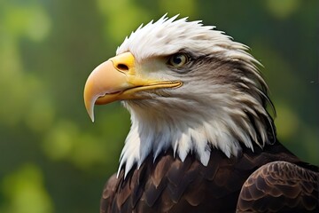 Close up portrait of American Bald eagle face isolated on nature background with copy space. haliaeetus leucocephalus. Side view of  Bald eagle