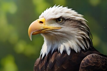 Fototapeta premium Close up portrait of American Bald eagle face isolated on nature background with copy space. haliaeetus leucocephalus. Side view of Bald eagle