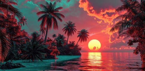 Fototapeta na wymiar Artwork of a sunset at the beach with palm trees in retro style.