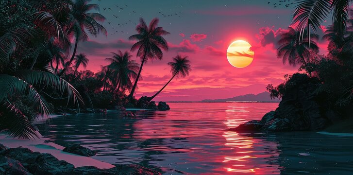 Artwork of a sunset at the beach with palm trees in retro style.