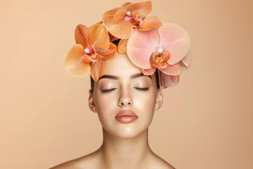 Wall murals Pantone 2024 Peach Fuzz Radiant and confident, the young woman showcases her flawless skin, accentuated by a gracefully placed orchid crown, embodying the essence of beauty, self-care, and a modern aesthetic