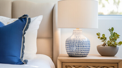 Bed and pillows, Close up of blue ceramic lamp on nightstand near bed with beige fabric headboard and blue pillows and blanket, Ai generated