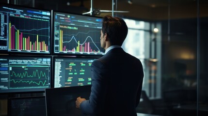businessman executives finance analysis stock trading monitoring progress	