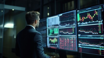 businessman executives finance analysis stock trading monitoring progress	