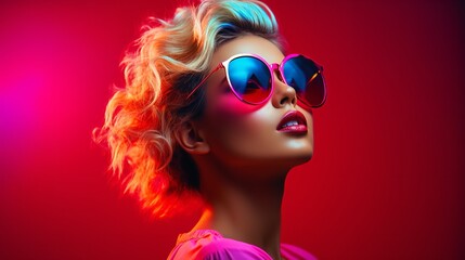 An attractive young woman in short hair wearing sunglass against a vibrant background, Generative AI.