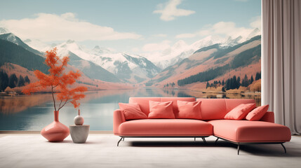 View of the mountains at sunset, Coral color sofa and armchair against window with river and mountain view, Ai generated image - obrazy, fototapety, plakaty