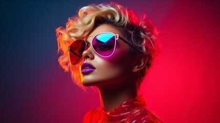 An attractive young woman in short hair wearing sunglass against a vibrant background, Generative AI.