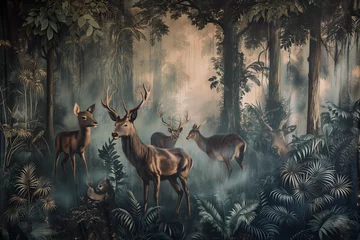 Foto op Plexiglas wallpaper forest with deers, animals and birds - old drawing vintage © Andrus Ciprian
