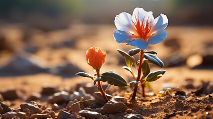 Two flowers with blue and orange petals on a rocky desert background. - obrazy, fototapety, plakaty