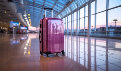 A purple suitcase sits on the floor of an airport, a symbol of travel, adventure, and new beginnings.