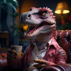 A dinosaur sitting in a chair holding a cup of coffee, representing the juxtaposition of the modern and the prehistoric.
