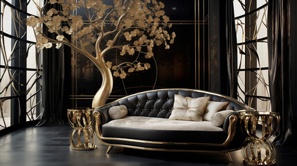 Luxury room with design furniture and golden elements, Design furniture with golden elements in luxury room , Ai generated image