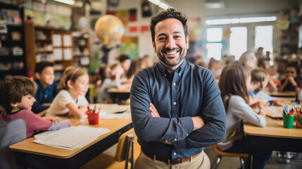 Fototapeta premium a close-up portrait of a teacher giving a lecture. the teacher is looking directly at the camera, and their face is filled with emotion. the students are blurred in the background